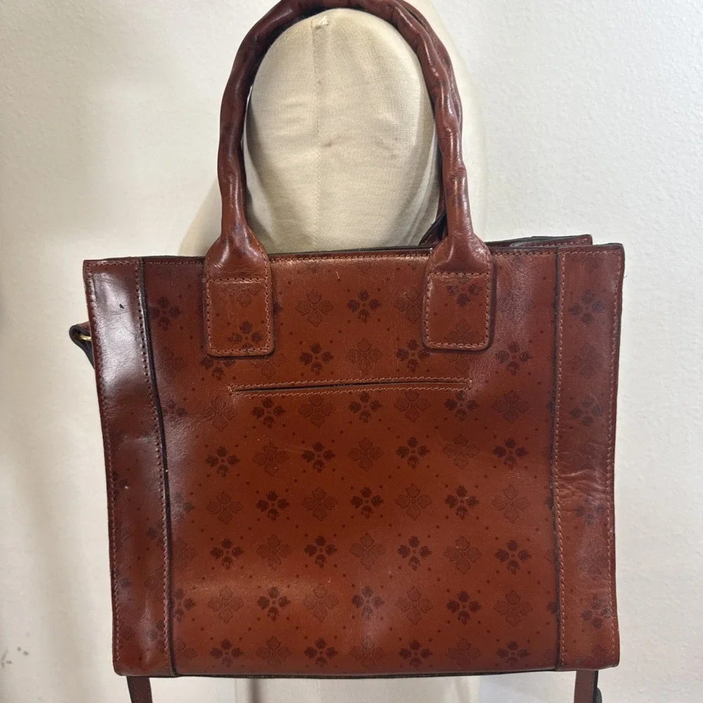 Patricia Nash Brown Leather Tote Crossbody AOP Signature Floret Embossed Bag